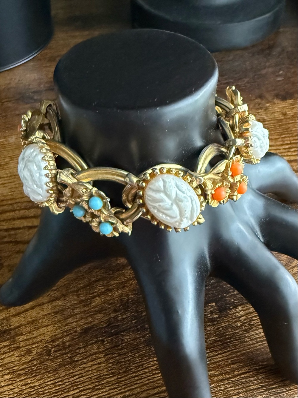 Ornate Vintage Link Bracelet Goldtone Faux Turquoise Coral Mother-of-Pearl